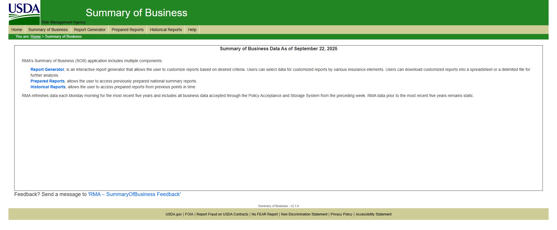 Landing Page screen with Alert message highlighted and feedback link highlighted